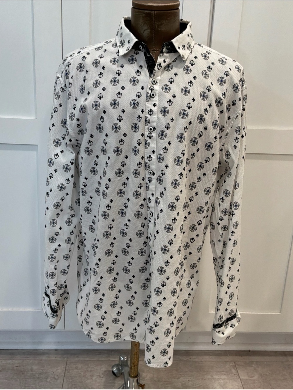 Rock Roll-n-Soul Mens 2XL Black White Blue Print Button Up Cotton Long Sleeve
